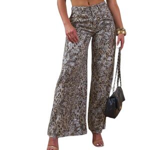 ITOO MOCHA Brown, Tab, Silver Metallic Leopard Wide Leg Pant